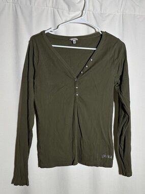 Guess Olive Green Long Sleeve Henley Top